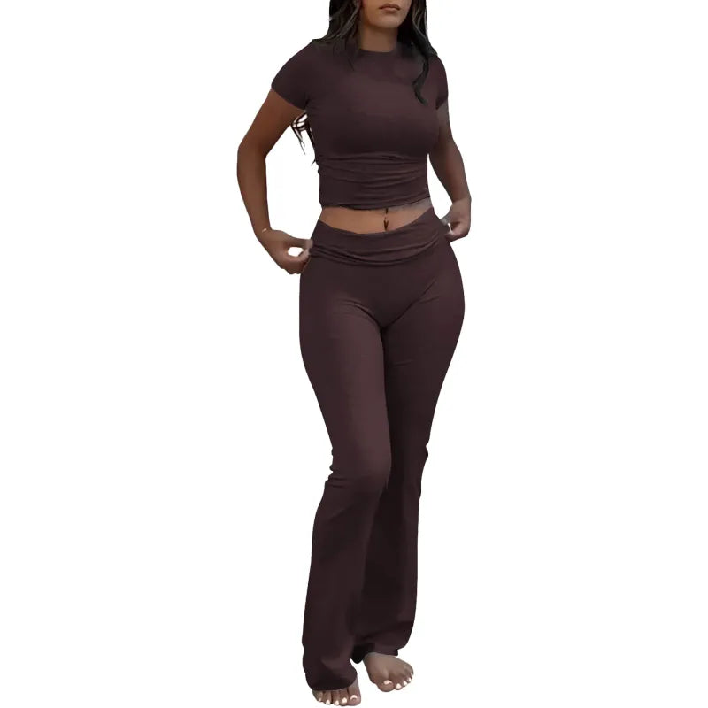 Casual Workout Round Neck Top Low Waist Bell-bottom Pants Sportswear Suit