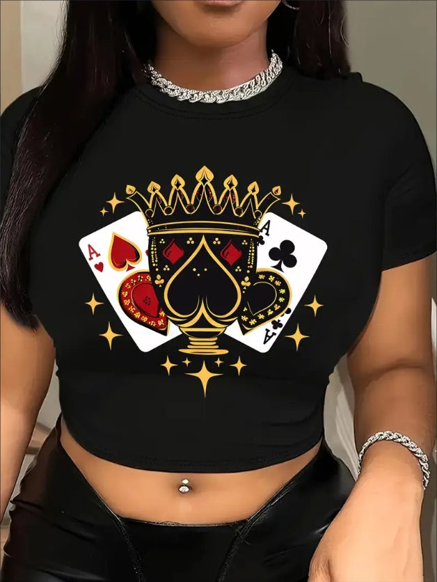 Poker Card Print Crew Neck T-Shirt, Casual Short Sleeve T-Shirt For Spring & Summer, Women's Clothing