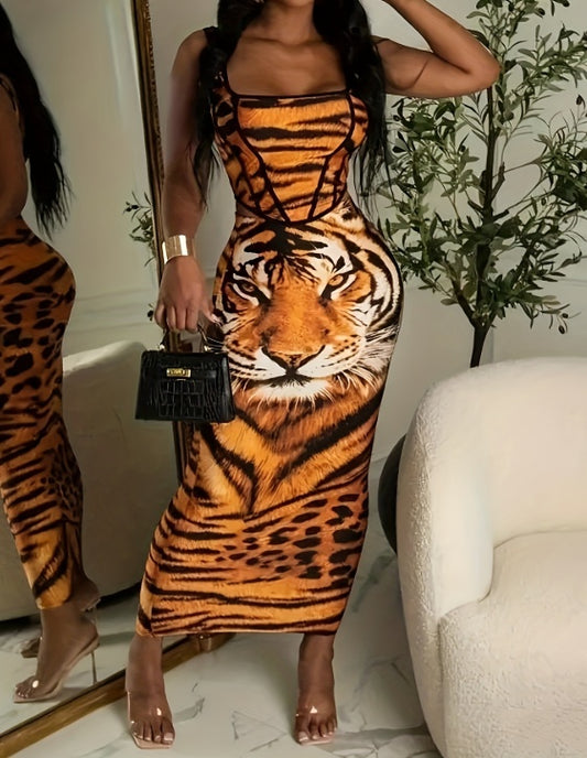 Ladies' Tiger Print Slim Fit Casual Dress