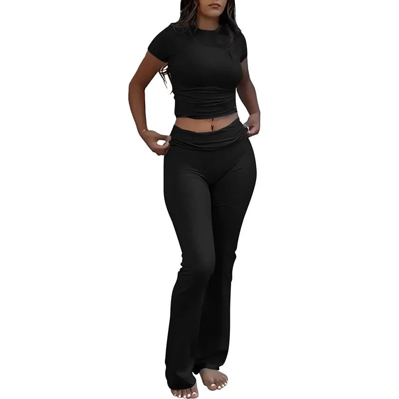 Casual Workout Round Neck Top Low Waist Bell-bottom Pants Sportswear Suit