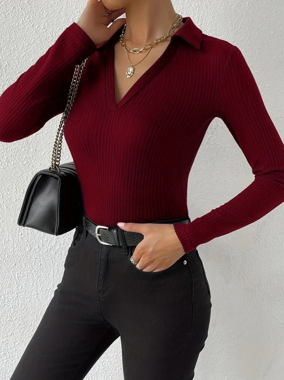 Women's Solid Color V-neck Fashionable Slim Fit Top