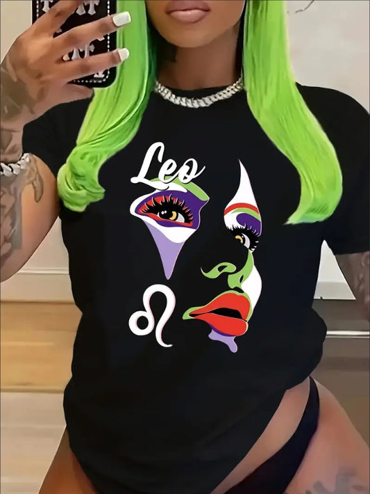 Leo Graphic Print T-shirt, Short Sleeve Crew Neck Casual Top For Summer & Spring, Women's Clothing