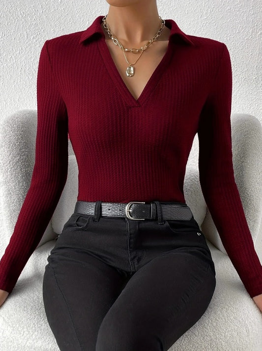 Women's Solid Color V-neck Fashionable Slim Fit Top