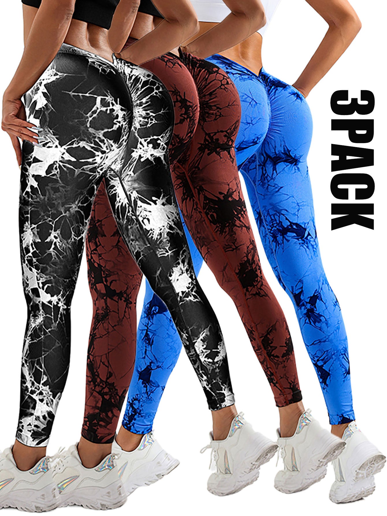 3 Pack Women's Scrunch Workout Leggings, High Waisted Butt Lifting Tie-dye V Back Waist Seamless Gym Yoga Leggings, Workout Leggings For Women Jada Leggings