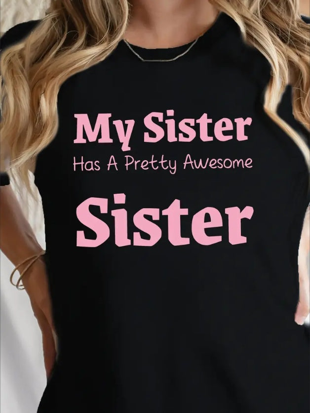 Personalized Sister Letter Print Crew Neck T-Shirt - Women's Casual Short Sleeve Spring & Summer Tee - Comfortable Relaxed Fit, Soft Fabric, And Vibrant Colors For A Stylish Look