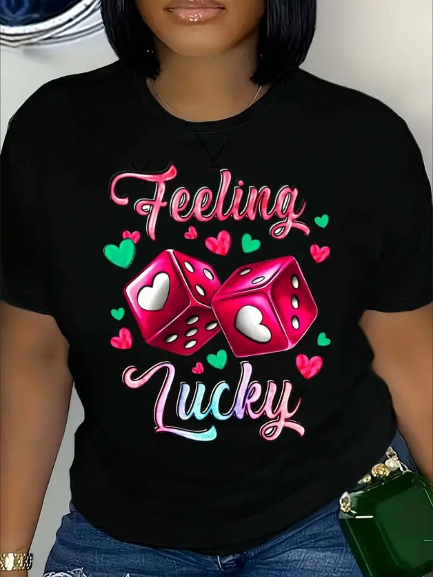 Lucky Heart Pattern Crew Neck T-Shirt For Women - Soft Micro Elastic Polyester Fabric, Casual Short Sleeve Design, Regular Length, Perfect For Spring & Summer