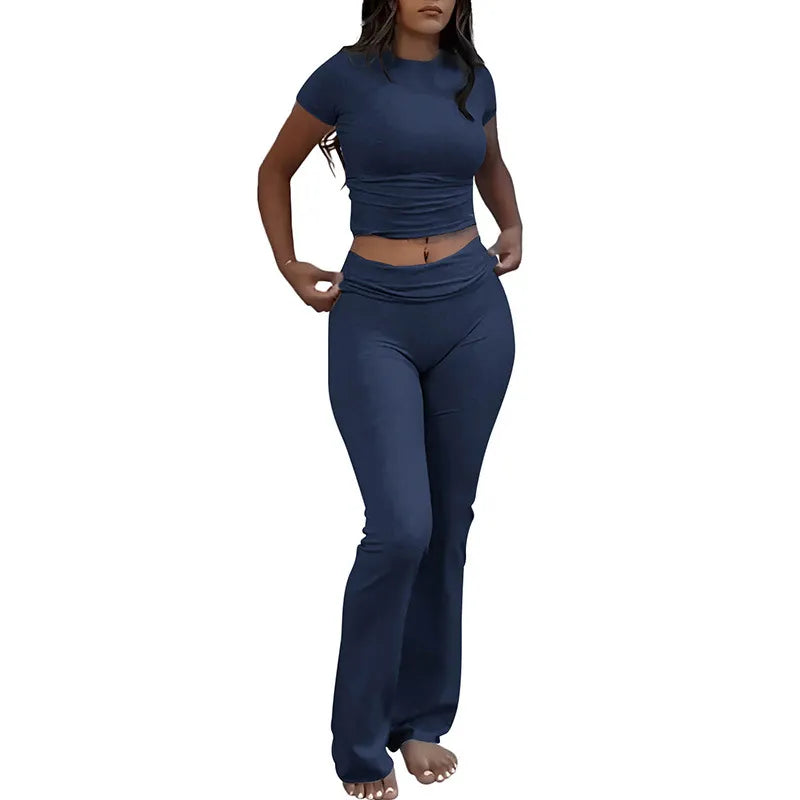 Casual Workout Round Neck Top Low Waist Bell-bottom Pants Sportswear Suit